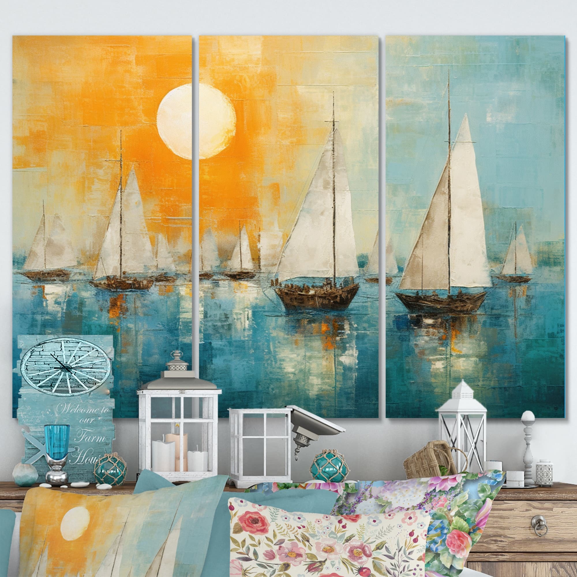 Designart "Boat Abstract Coastline I" Boat Canvas Prints Set Bed Bath